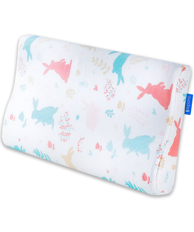 Perna copii Suporto Toddler, 2 - 9 ani, Ortopedica si Hipoalergenica din Spuma cu Memorie, 2 Inaltimi pentru dormit si Suport cervical, Husa Bumbac 100%, Alba, Model Iepurasi