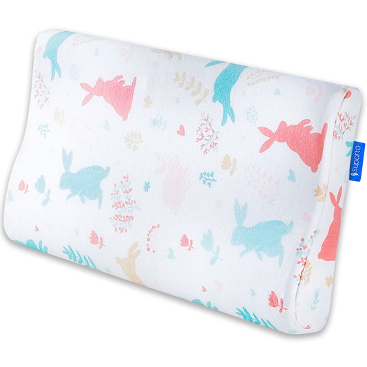 Perna copii Suporto Toddler, 2 - 9 ani, Ortopedica si Hipoalergenica din Spuma cu Memorie, 2 Inaltimi pentru dormit si Suport cervical, Husa Bumbac 100%, Alba, Model Iepurasi