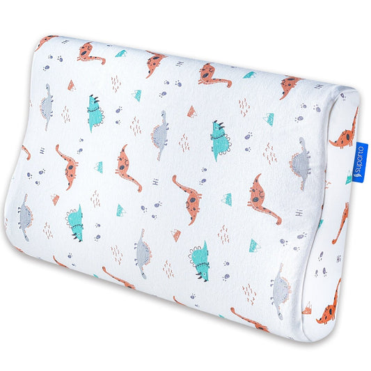 Perna copii Suporto Toddler, 2 - 9 ani, Ortopedica si Hipoalergenica din Spuma cu Memorie, 2 Inaltimi pentru dormit si Suport cervical, Husa Bumbac 100%, Alba, Model Dinozauri