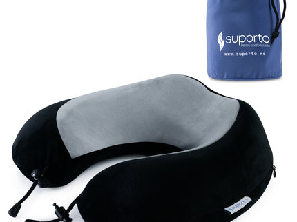 Perna de calatorie din spuma cu memorie, Suporto Travel NEO, ortopedica, Gri cu Negru