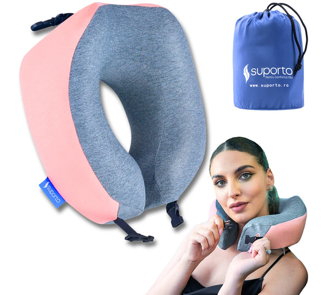 Perna de calatorie Suporto Travel Companion. Perna voiaj din spuma cu memorie, Roz