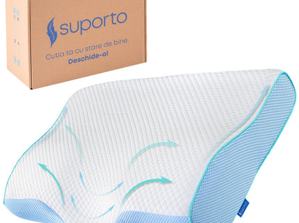 Perna de dormit Suporto Aura anatomica si ortopedica cu suport cervical, Din spuma cu memorie, Albastra
