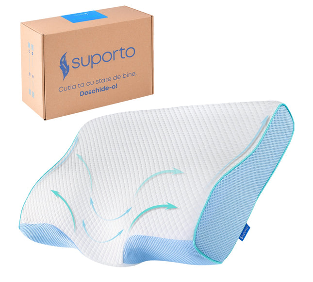 Perna de dormit Suporto Aura anatomica si ortopedica cu suport cervical, Din spuma cu memorie, Albastra