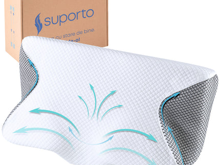 Perna Ortopedica Cervicala pentru dormit, cu Extensii si Suport ergonomic pentru gat, din spuma cu memorie, Suporto, Alb cu Negru