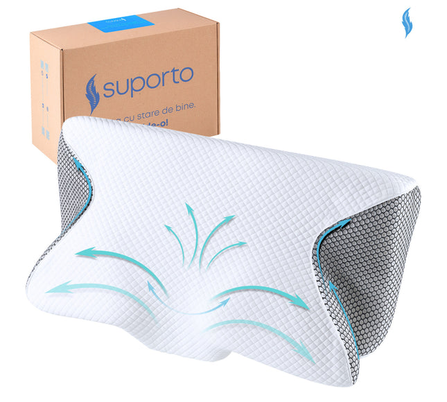 Perna Ortopedica Cervicala pentru dormit, cu Extensii si Suport ergonomic pentru gat, din spuma cu memorie, Suporto, Alb cu Negru