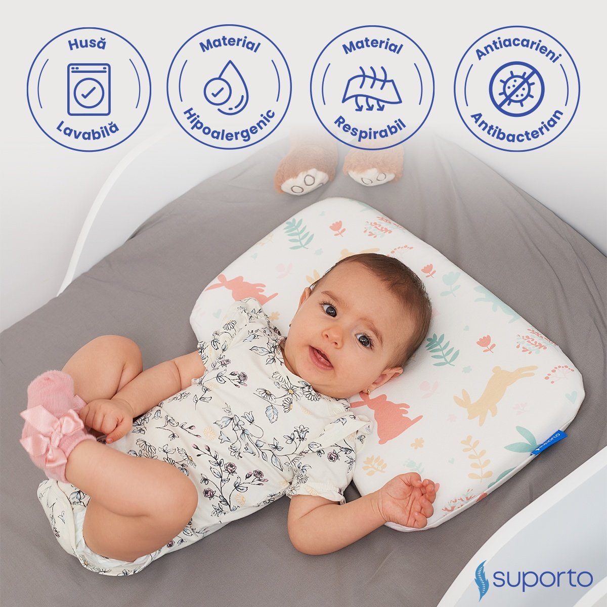 Perna ortopedica Baby pentru nou nascuti 8-24 luni | Multicolora cu Iepurasi | impotriva plagiocefaliei
