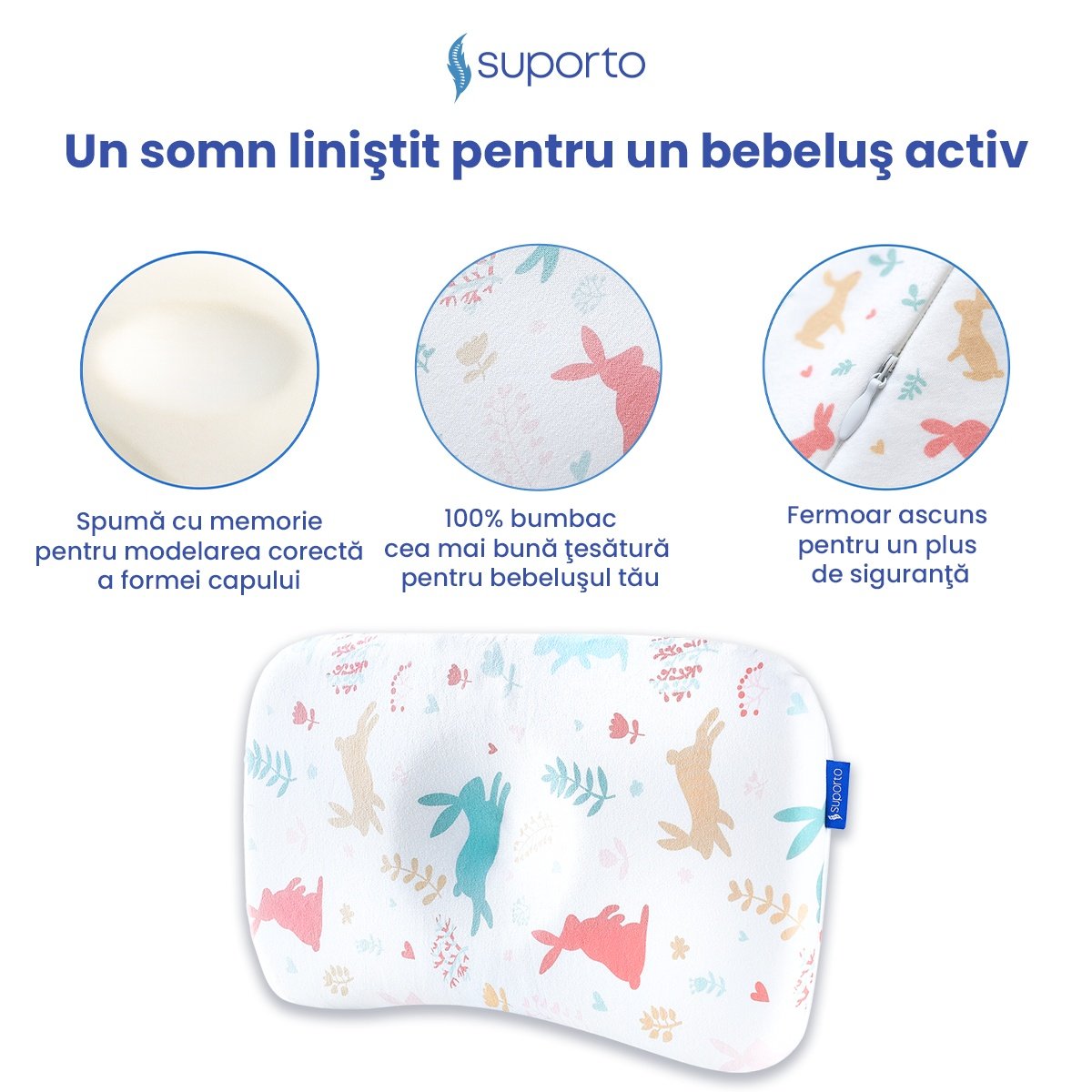 Perna ortopedica Baby pentru nou nascuti 8-24 luni | Multicolora cu Iepurasi | impotriva plagiocefaliei