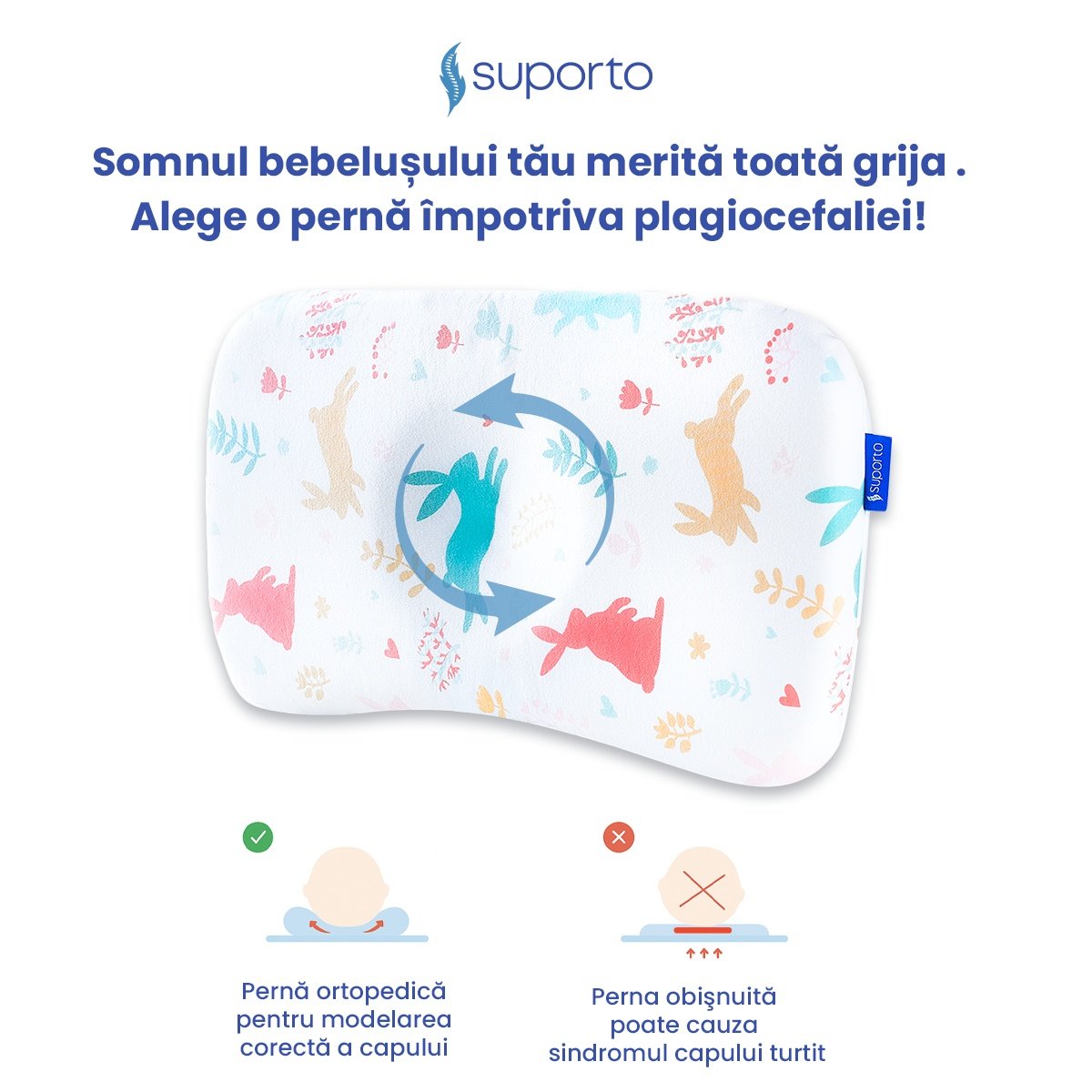 Perna ortopedica Baby pentru nou nascuti 8-24 luni | Multicolora cu Iepurasi | impotriva plagiocefaliei