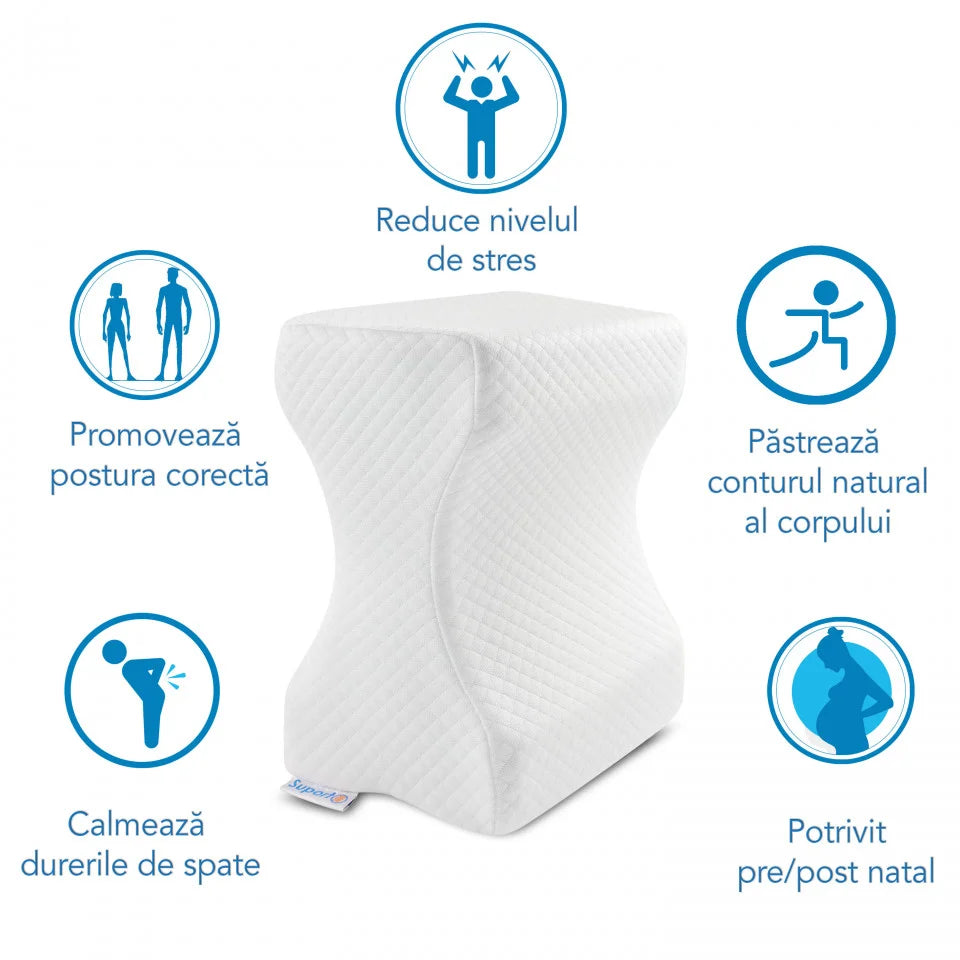 Set perna cu suport cervical din spuma cu memorie pentru copii 12-16 ani, perna pentru genunchi 50x30, cu perforatii