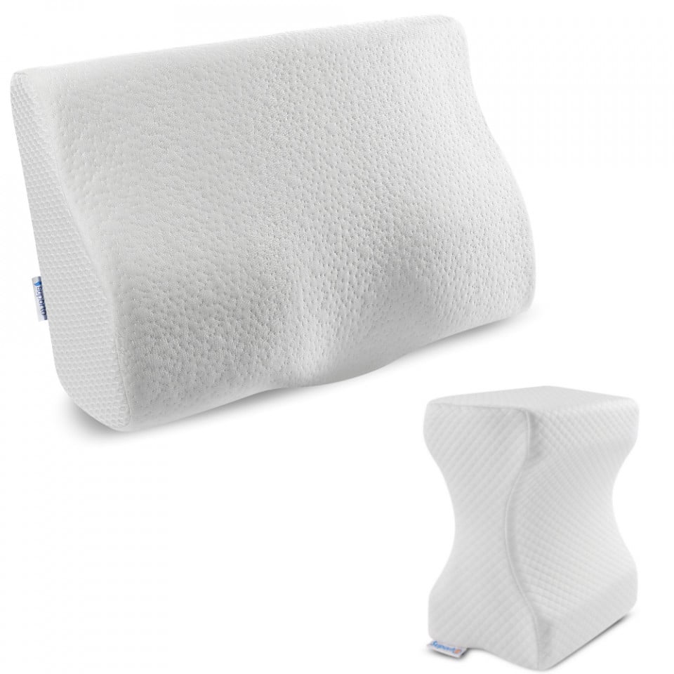 Set perna cu suport cervical din spuma cu memorie pentru copii 12-16 ani, perna pentru genunchi 50x30, cu perforatii