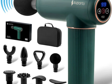 Pistol Masaj Profesional cu Percutii Suporto 2.0, Circulatie Imbunatatita, Relaxare si Tonifiere pentru Spate, Gat, Umeri, Picioare, Brate, Aparat de Vibromasaj Anticelulitic, Eliminare Acid Lactic, 8 Capete, 99 VIteze, Geanta Transport, Verde - Bebeboo - Totul pentru copii. Jucării, Hăinuțe, Perne, Mobilier, Textile