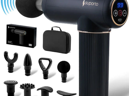 Pistol Masaj Profesional cu Percutii Suporto 2.0, Circulatie Imbunatatita, Relaxare si Tonifiere pentru Spate, Gat, Umeri, Picioare, Brate, Aparat de Vibromasaj Anticelulitic, Eliminare Acid Lactic, 8 Capete, 99 VIteze, Geanta Transport, Negru - Bebeboo - Totul pentru copii. Jucării, Hăinuțe, Perne, Mobilier, Textile