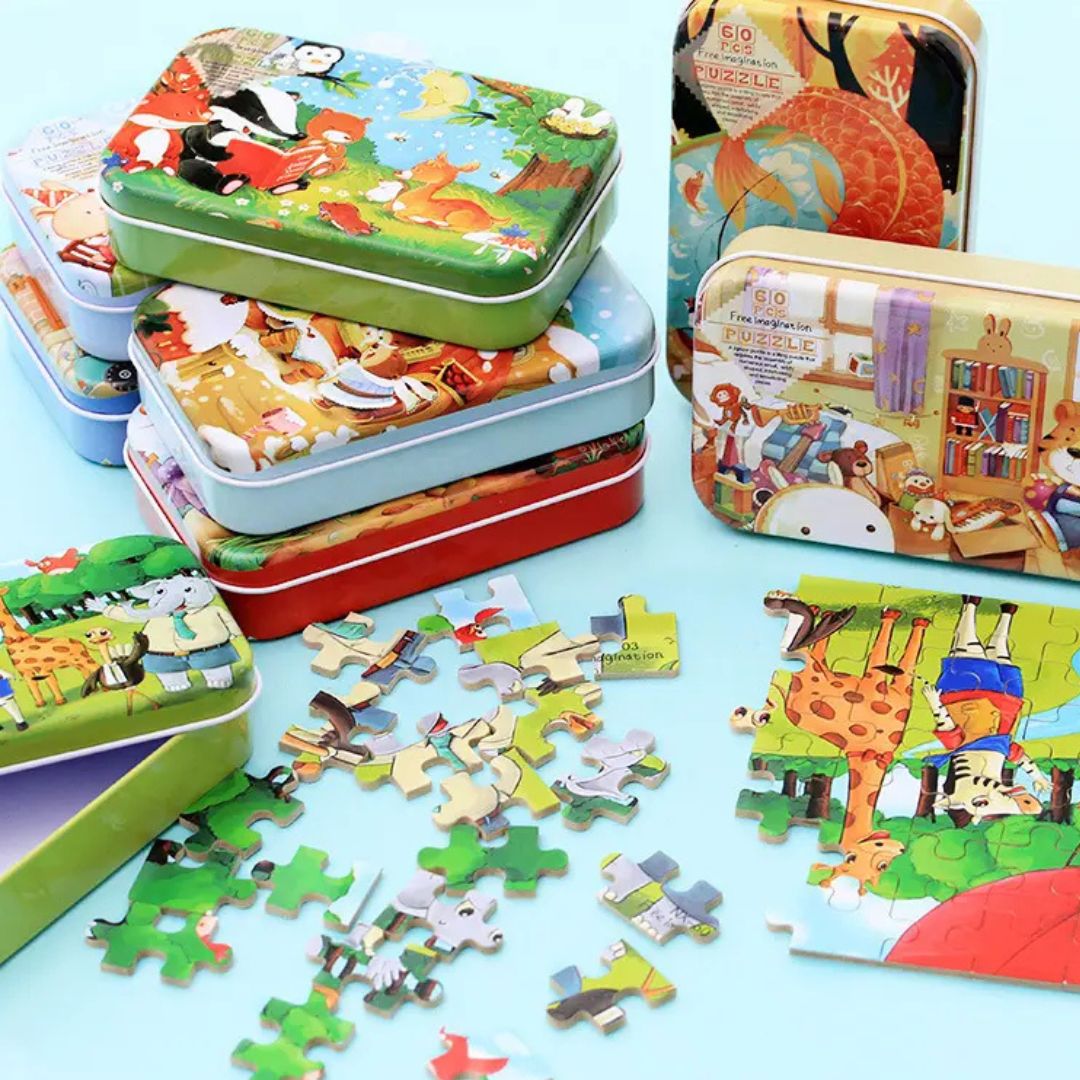 Puzzle cu 60 piese în cutie metalică