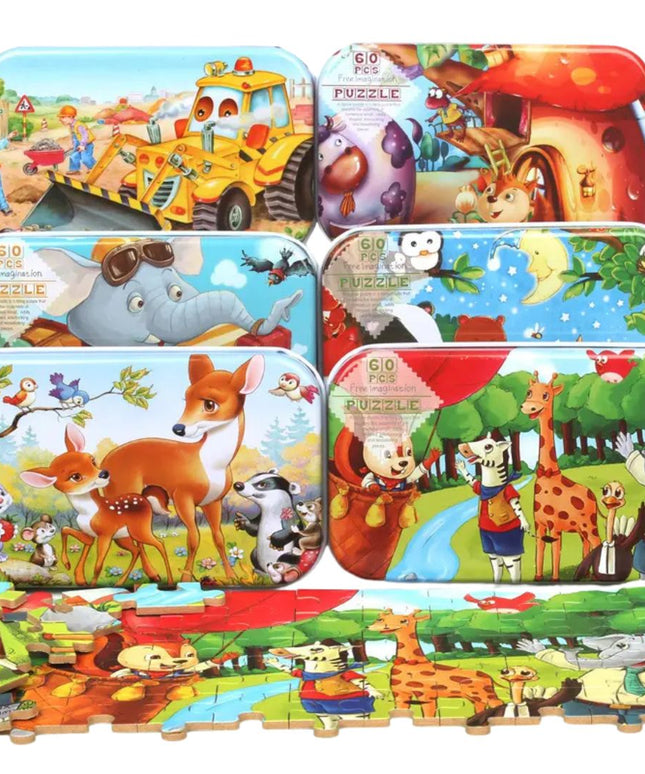 Puzzle cu 60 piese în cutie metalică