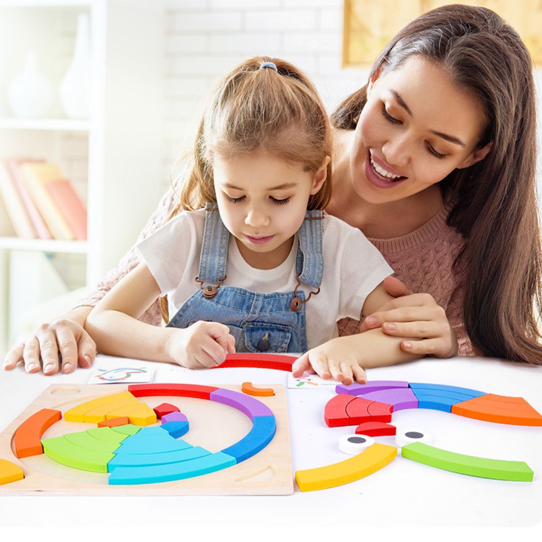 Puzzle curcubeu din lemn, tip Montessori