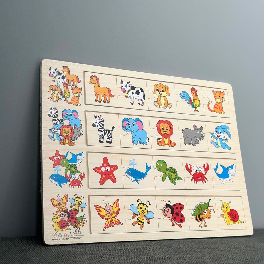 Puzzle educativ de asociere, 4 categorii - animale, insecte și viețuitoare marine