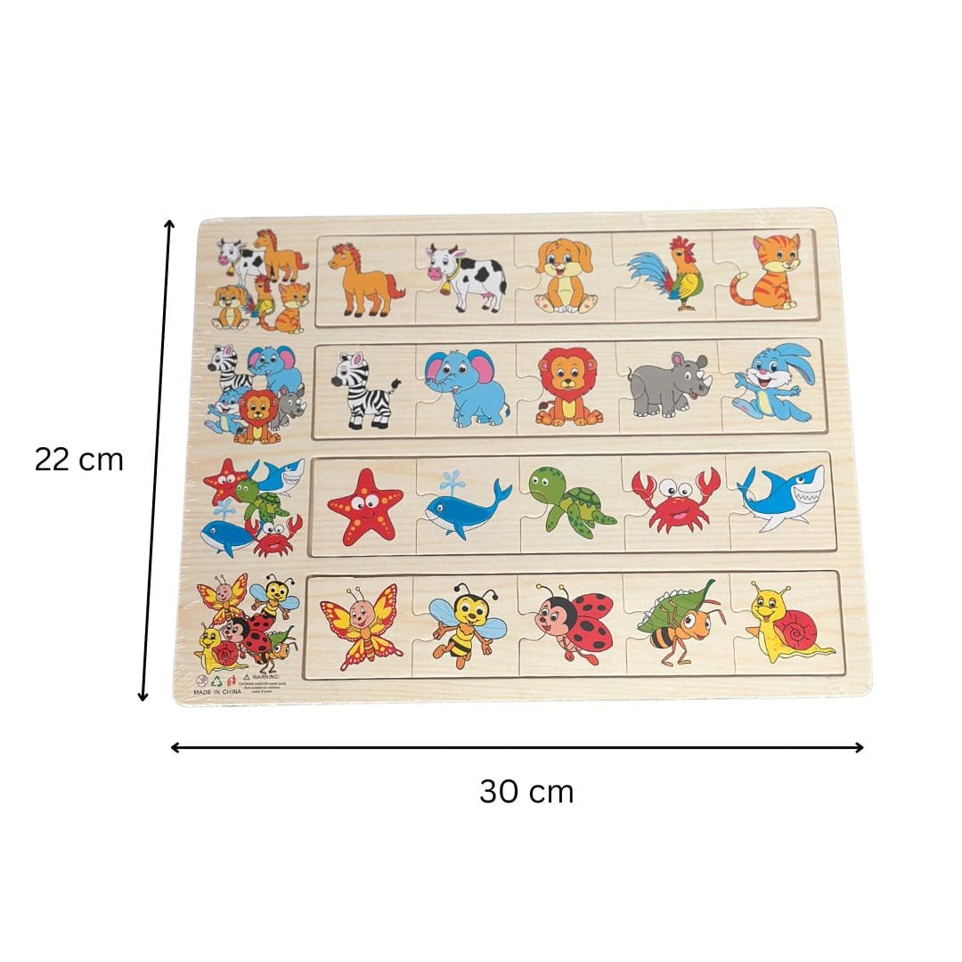 Puzzle educativ de asociere, 4 categorii - animale, insecte și viețuitoare marine