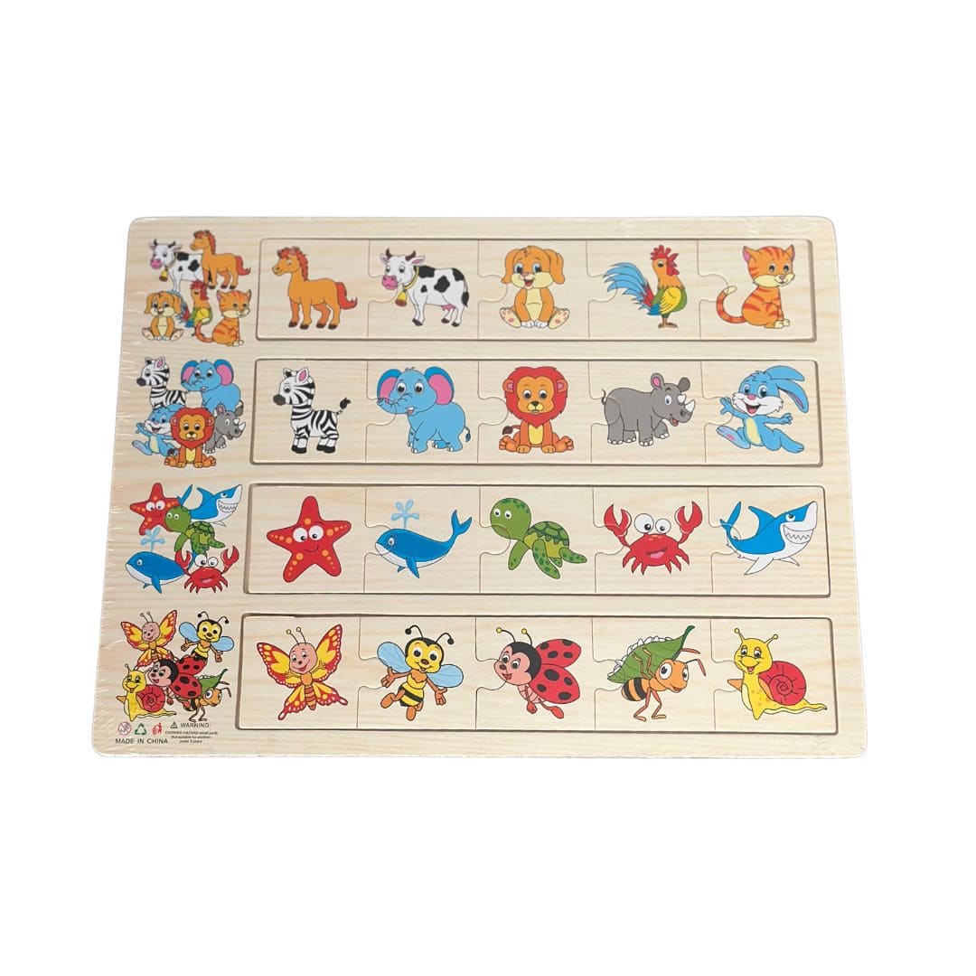 Puzzle educativ de asociere, 4 categorii - animale, insecte și viețuitoare marine