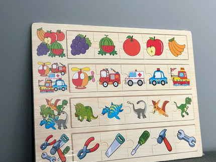 Puzzle educativ de asociere, 4 categorii - fructe, vehicule, dinozauri și unelte - Bebeboo - Totul pentru copii. Jucării, Hăinuțe, Perne, Mobilier, Textile