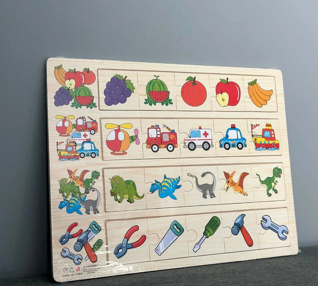 Puzzle educativ de asociere, 4 categorii - fructe, vehicule, dinozauri și unelte - Bebeboo - Totul pentru copii. Jucării, Hăinuțe, Perne, Mobilier, Textile