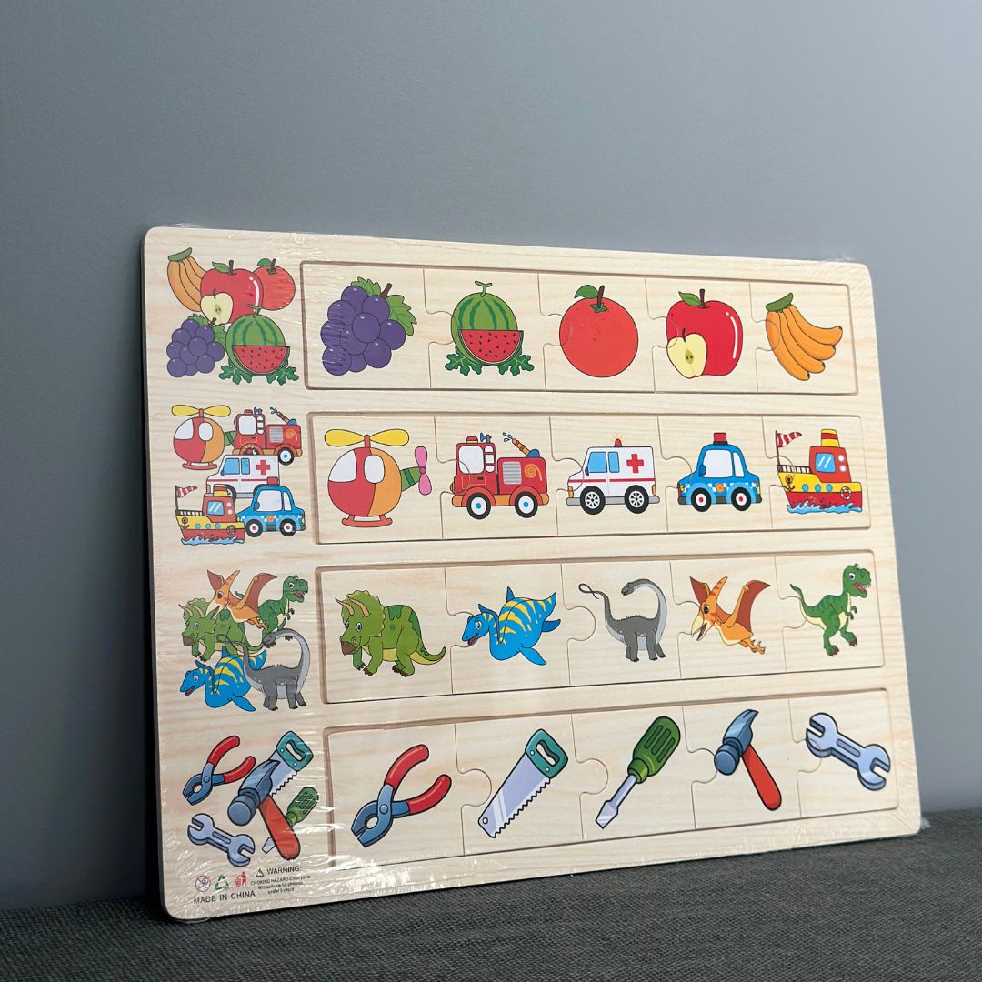 Puzzle educativ de asociere, 4 categorii - fructe, vehicule, dinozauri și unelte