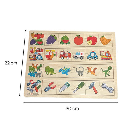 Puzzle educativ de asociere, 4 categorii - fructe, vehicule, dinozauri și unelte