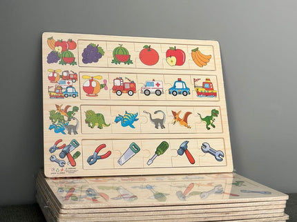 Puzzle educativ de asociere, 4 categorii - fructe, vehicule, dinozauri și unelte - Bebeboo - Totul pentru copii. Jucării, Hăinuțe, Perne, Mobilier, Textile