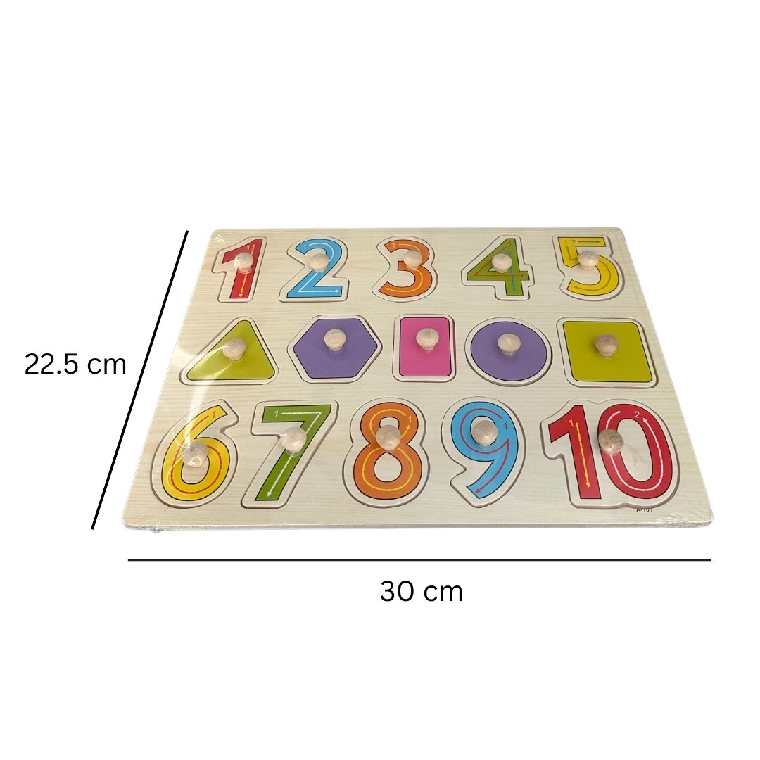 Puzzle incastru din lemn - Cifre și Forme geometrice, 2 ani+