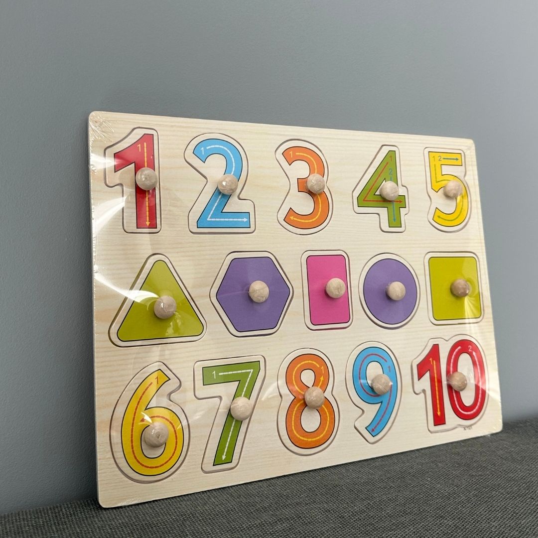 Puzzle incastru din lemn - Cifre și Forme geometrice, 2 ani+