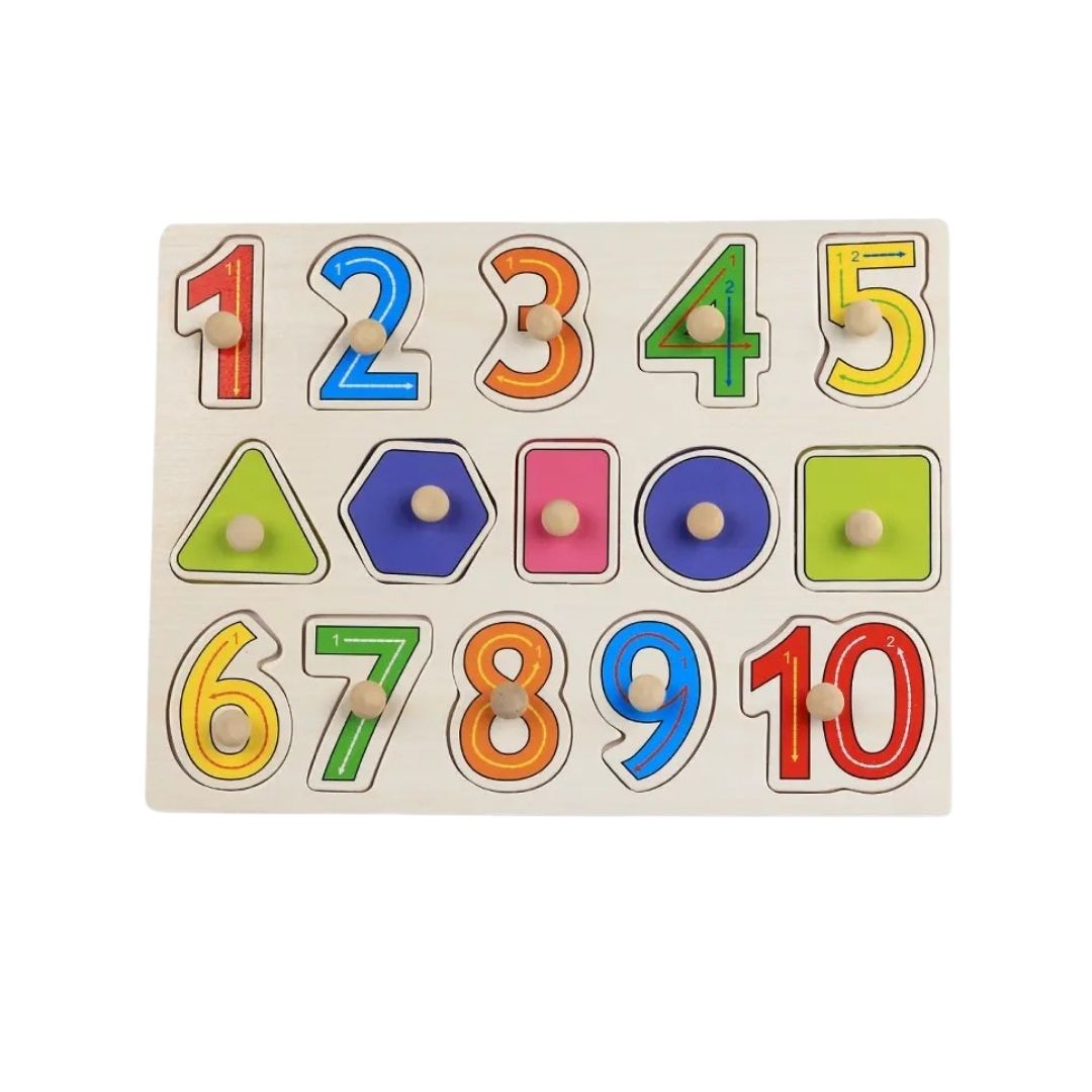 Puzzle incastru din lemn - Cifre și Forme geometrice, 2 ani+