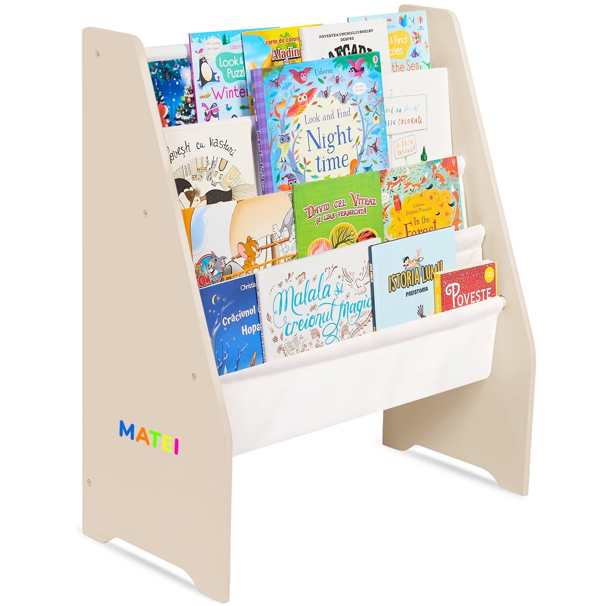 Raft de Carti pentru Copii, Organizator cu etajere din textil, pentru depozitare jucarii, carti si caiete. Mobilier din Lemn MDF, 71.5 x 62 x 30 cm