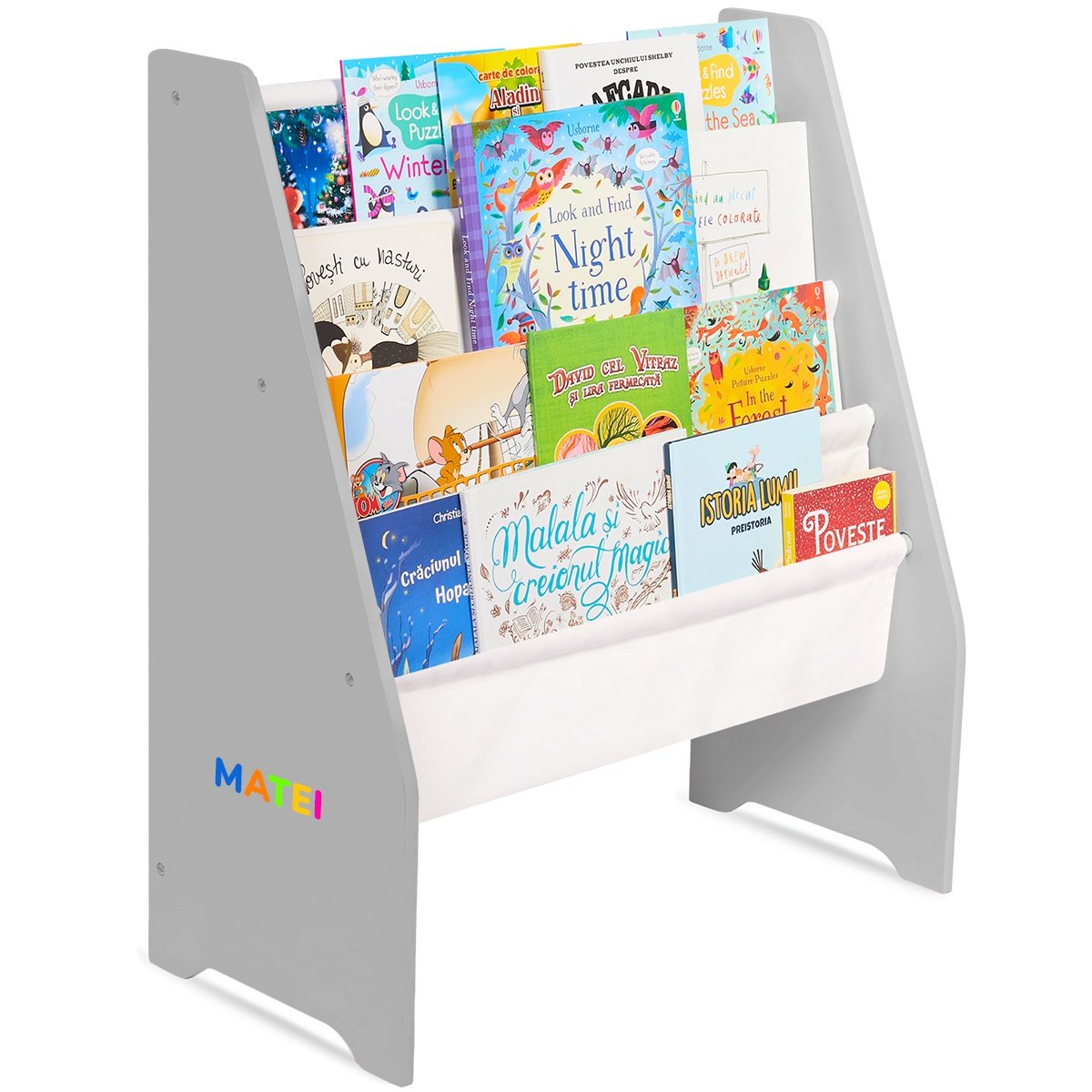 Raft de Carti pentru Copii, Organizator cu etajere din textil, pentru depozitare jucarii, carti si caiete. Mobilier din Lemn MDF, 71.5 x 62 x 30 cm