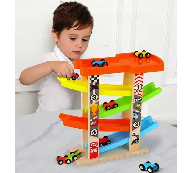Rampa din lemn cu 4 masinute. Jucărie Montessori - Bebeboo - Totul pentru copii. Jucării, Hăinuțe, Perne, Mobilier, Textile