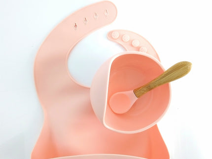Set diversificare bebelusi (baveta, bol și linguriță) – Peach, 6 luni+, silicon