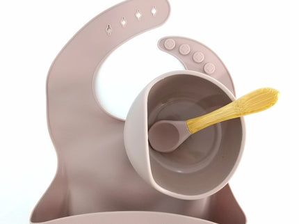 Set diversificare bebelusi (baveta, bol și linguriță) – Walnut, 6 luni+, silicon