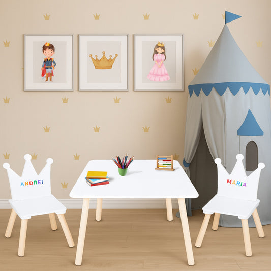 Set Masa si 2 Scaune Suporto pentru Copii din Lemn MDF, Model Print si Printesa, Scaun in Forma de Coronita, Varsta 3-6 Ani, cu Margini Rotunjite, Alb