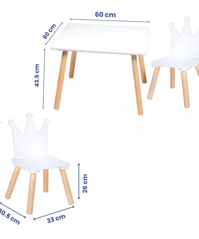 Set Masa si 2 Scaune Suporto pentru Copii din Lemn MDF, Model Print si Printesa, Scaun in Forma de Coronita, Varsta 3-6 Ani, cu Margini Rotunjite, Alb