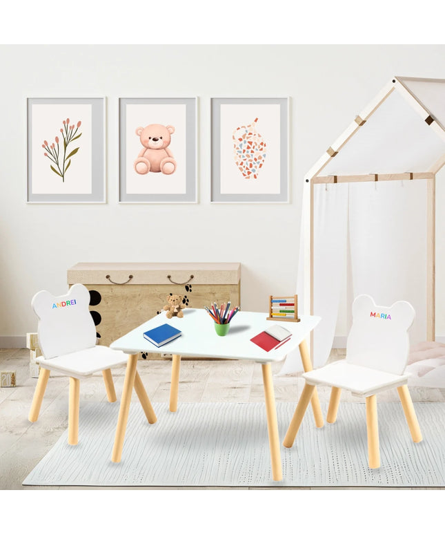 Set Masa si 2 Scaune pentru Copii din Lemn MDF, Scaun in Forma de Ursulet si Masuta de Scris, Varsta 3-6 Ani, cu Margini Rotunde, Alb