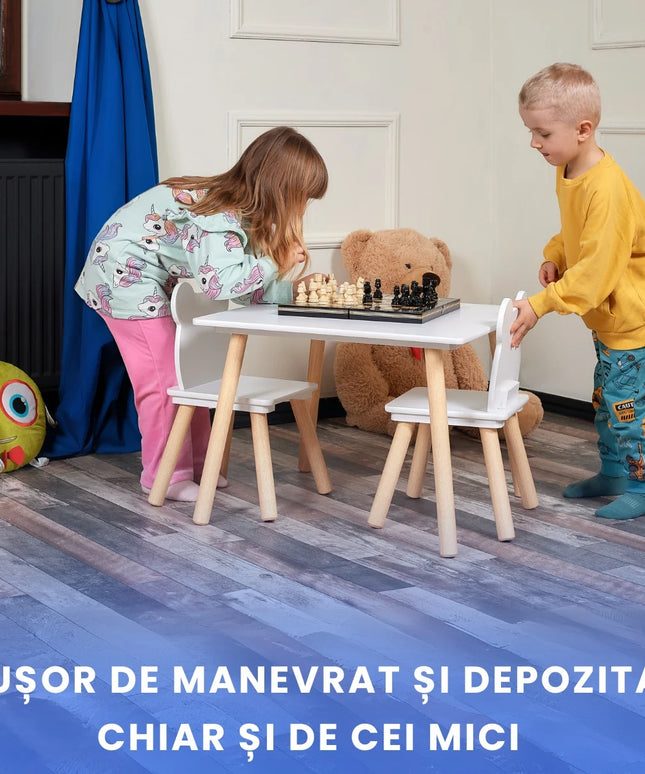 Set Masa si 2 Scaune pentru Copii din Lemn MDF, Scaun in Forma de Ursulet si Masuta de Scris, Varsta 3-6 Ani, cu Margini Rotunde, Alb