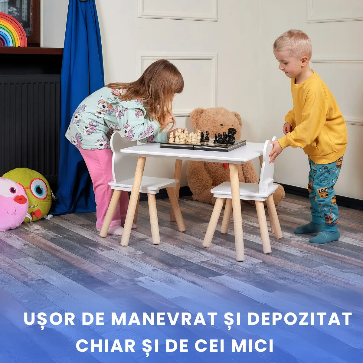 Set Masa si 2 Scaune pentru Copii din Lemn MDF, Scaun in Forma de Ursulet si Masuta de Scris, Varsta 3-6 Ani, cu Margini Rotunde, Alb