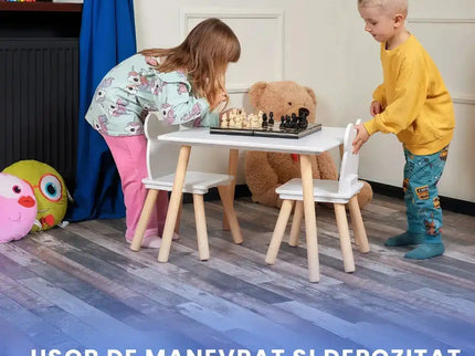 Set Masa si 2 Scaune pentru Copii din Lemn MDF, Scaun in Forma de Ursulet si Masuta de Scris, Varsta 3-6 Ani, cu Margini Rotunde, Alb - Bebeboo - Totul pentru copii. Jucării, Hăinuțe, Perne, Mobilier, Textile