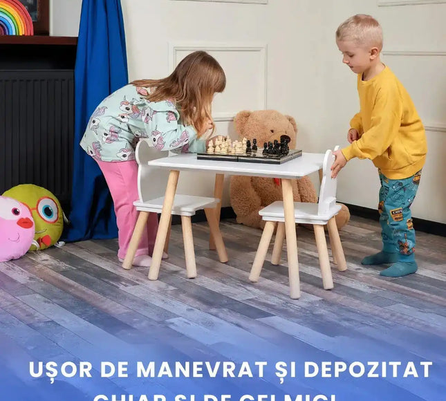 Set Masa si 2 Scaune pentru Copii din Lemn MDF, Scaun in Forma de Ursulet si Masuta de Scris, Varsta 3-6 Ani, cu Margini Rotunde, Alb - Bebeboo - Totul pentru copii. Jucării, Hăinuțe, Perne, Mobilier, Textile