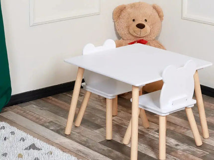 Set Masa si 2 Scaune pentru Copii din Lemn MDF, Scaun in Forma de Ursulet si Masuta de Scris, Varsta 3-6 Ani, cu Margini Rotunde, Alb - Bebeboo - Totul pentru copii. Jucării, Hăinuțe, Perne, Mobilier, Textile