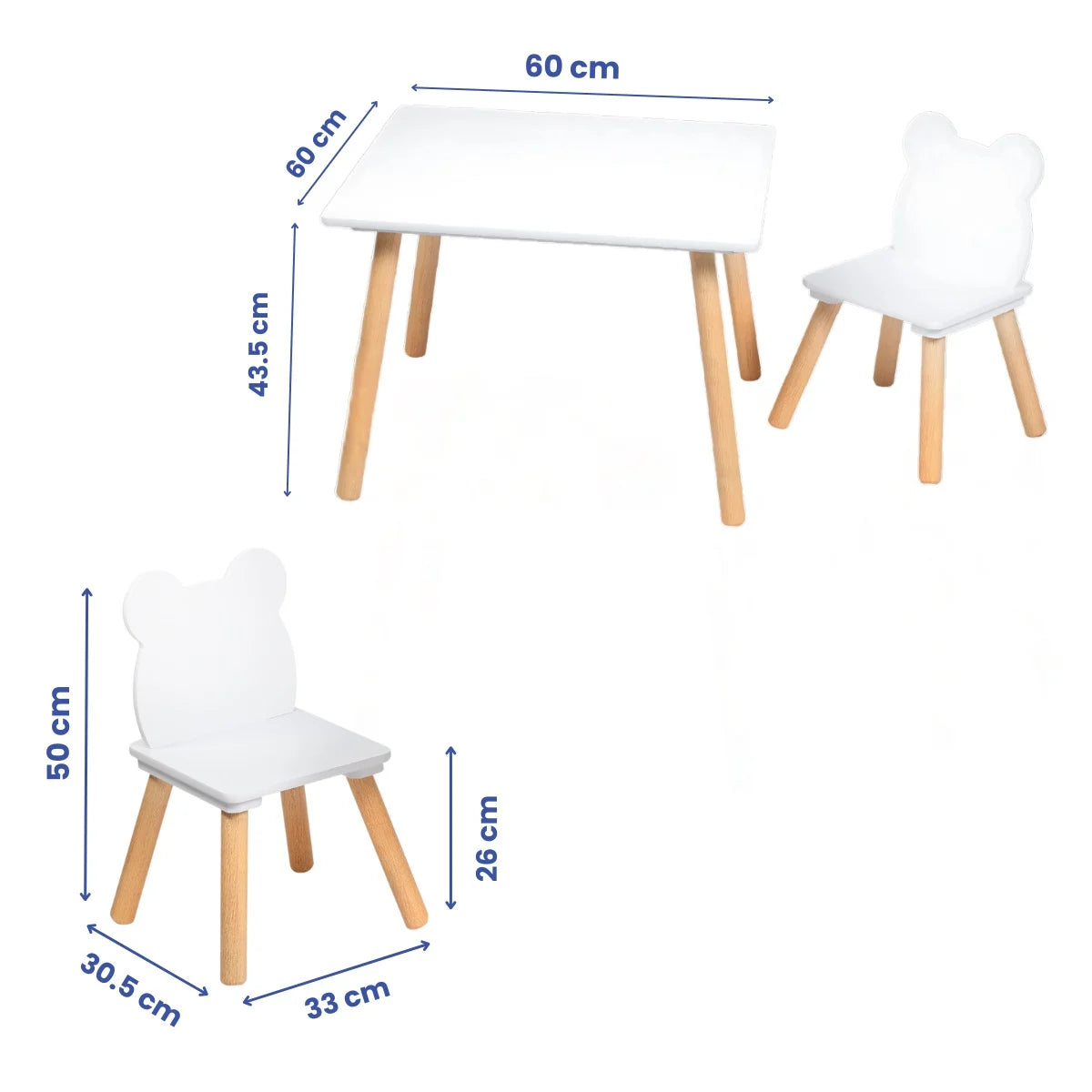 Set Masa si 2 Scaune pentru Copii din Lemn MDF, Scaun in Forma de Ursulet si Masuta de Scris, Varsta 3-6 Ani, cu Margini Rotunde, Alb