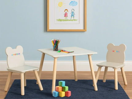 Set Masa si 2 Scaune Suporto pentru Copii din Lemn MDF, Scaun in Forma de Ursulet si Masuta de Scris, Varsta 3-6 Ani, cu Margini Rotunde, Crem - Bebeboo - Totul pentru copii. Jucării, Hăinuțe, Perne, Mobilier, Textile