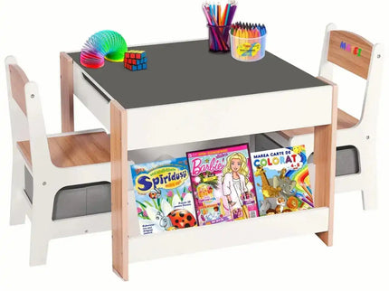 Set Masuta cu 2 Scaune pentru copii, cu Rafturi pentru Carti, Suporto, din MDF, Sertare Depozitare, Organizator Jucarii, Tabla de Scris, Desenat, Studiat. Alb cu Maro, 3-6 ani - Bebeboo - Totul pentru copii. Jucării, Hăinuțe, Perne, Mobilier, Textile