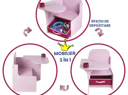 Set Masuta Cu Scaun Incorporat pentru Copii, 3 In 1, Din Lemn Mdf, Varsta 3-6 ani Roz - Bebeboo - Totul pentru copii. Jucării, Hăinuțe, Perne, Mobilier, Textile