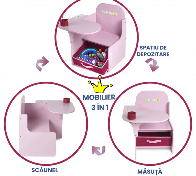 Set Masuta Cu Scaun Incorporat pentru Copii, 3 In 1, Din Lemn Mdf, Varsta 3-6 ani Roz - Bebeboo - Totul pentru copii. Jucării, Hăinuțe, Perne, Mobilier, Textile