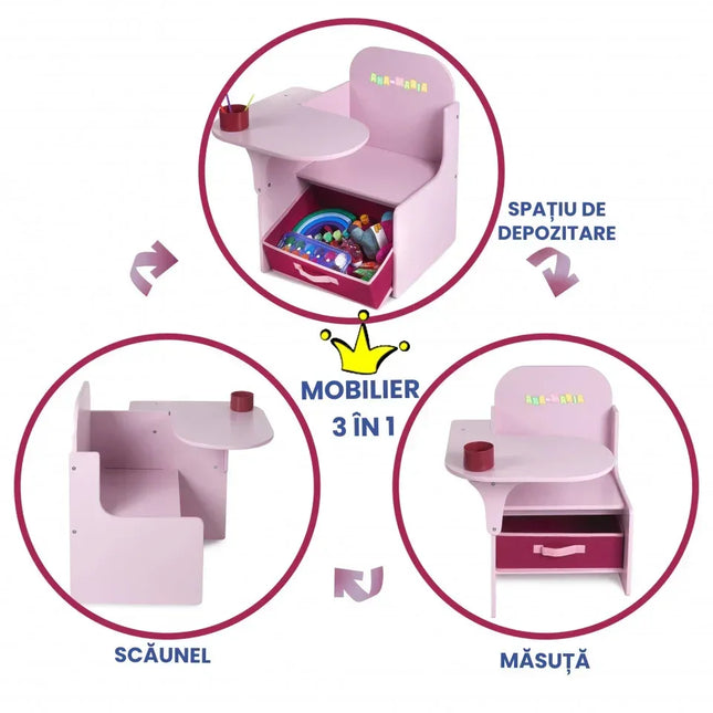 Set Masuta Cu Scaun Incorporat pentru Copii, 3 In 1, Din Lemn Mdf, Varsta 3-6 ani Roz - Bebeboo - Totul pentru copii. Jucării, Hăinuțe, Perne, Mobilier, Textile