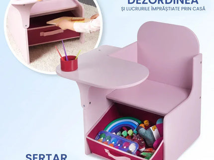 Set Masuta Cu Scaun Incorporat pentru Copii, 3 In 1, Din Lemn Mdf, Varsta 3-6 ani Roz - Bebeboo - Totul pentru copii. Jucării, Hăinuțe, Perne, Mobilier, Textile
